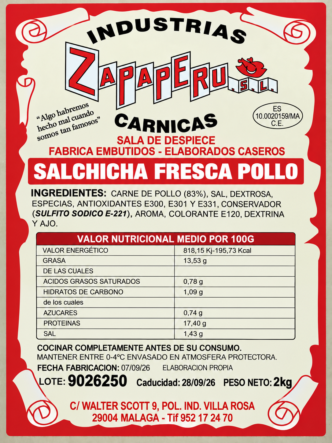 Etiqueta de Salchicha blanca de pollo